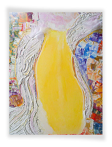 Acryl mit Quarzsand, Federn und Acryl gespachtelt. 60 x 70 x 2 cm