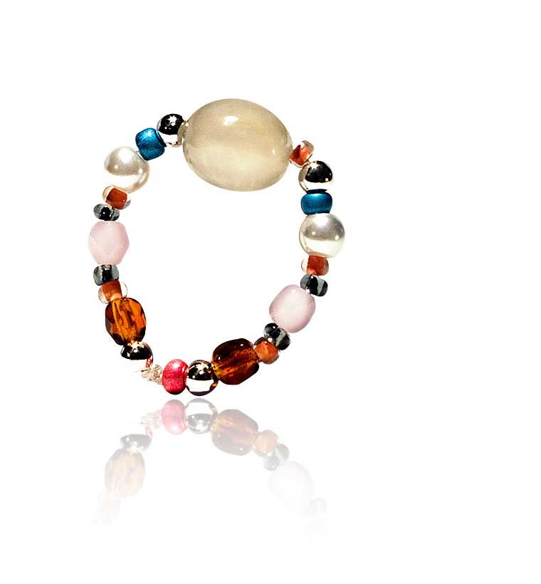 Ring mit Mondstein, Rosenquarz und Glasschliffperlen